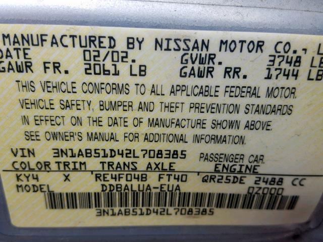 3N1AB51D42L708385 - 2002 NISSAN SENTRA SE- GRAY photo 10