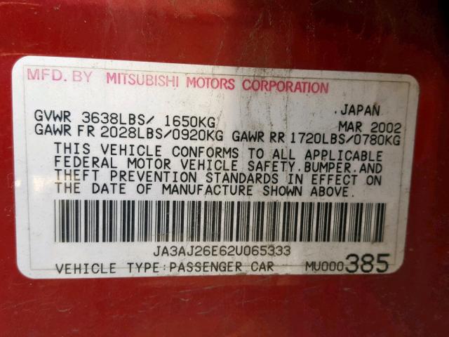 JA3AJ26E62U065333 - 2002 MITSUBISHI LANCER ES RED photo 10