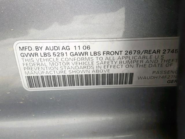 WAUDH74F27N074399 - 2007 AUDI A6 3.2 QUA GRAY photo 10