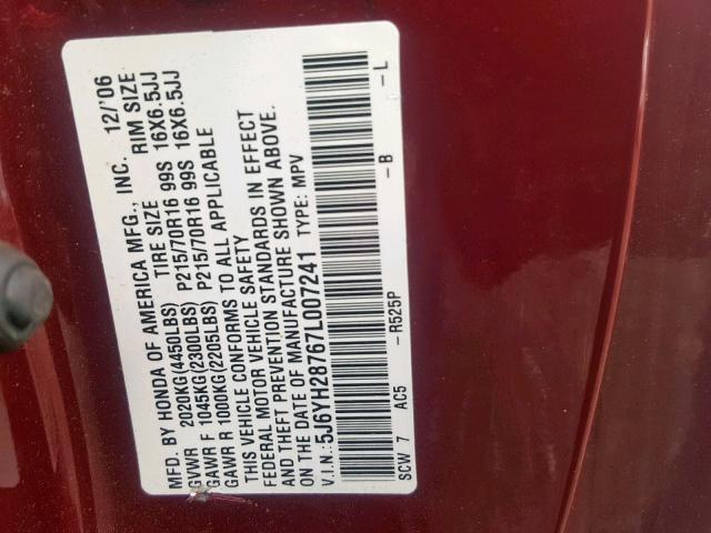 5J6YH28767L007241 - 2007 HONDA ELEMENT EX RED photo 10