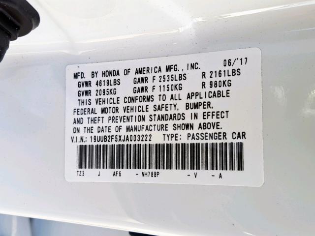 19UUB2F5XJA003222 - 2018 ACURA TLX TECH WHITE photo 10