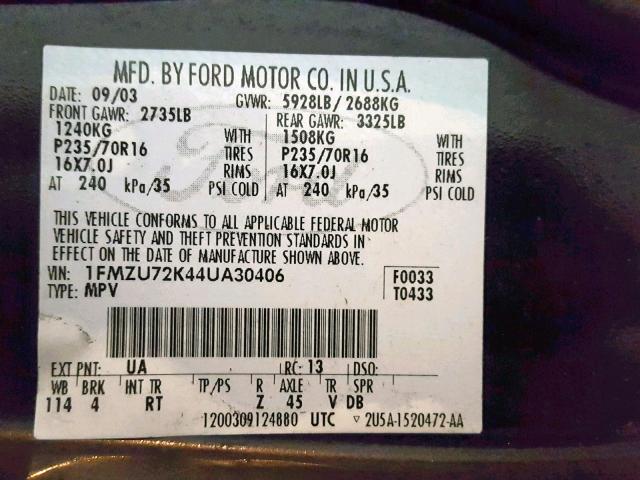 1FMZU72K44UA30406 - 2004 FORD EXPLORER X BLACK photo 10