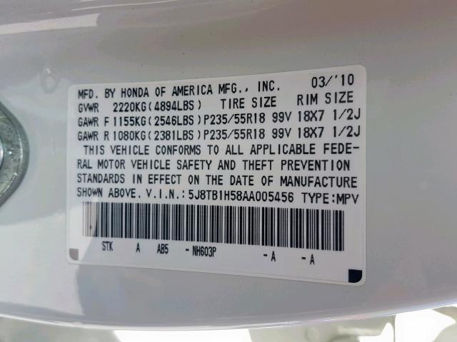 5J8TB1H58AA005456 - 2010 ACURA RDX TECHNO WHITE photo 10