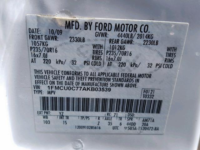 1FMCU0C77AKB03539 - 2010 FORD ESCAPE XLS WHITE photo 10