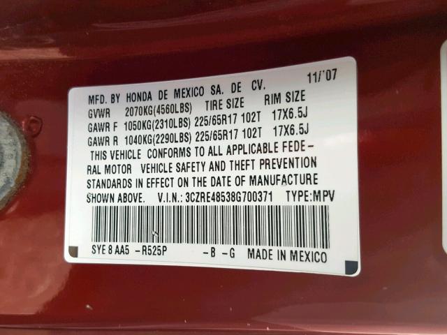 3CZRE48538G700371 - 2008 HONDA CR-V EX RED photo 10