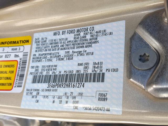 3FA6P0K92HR161274 - 2017 FORD FUSION TIT TAN photo 10