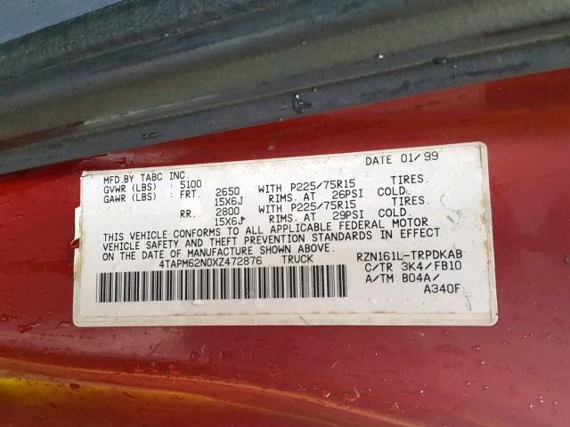 4TAPM62N0XZ472876 - 1999 TOYOTA TACOMA RED photo 10