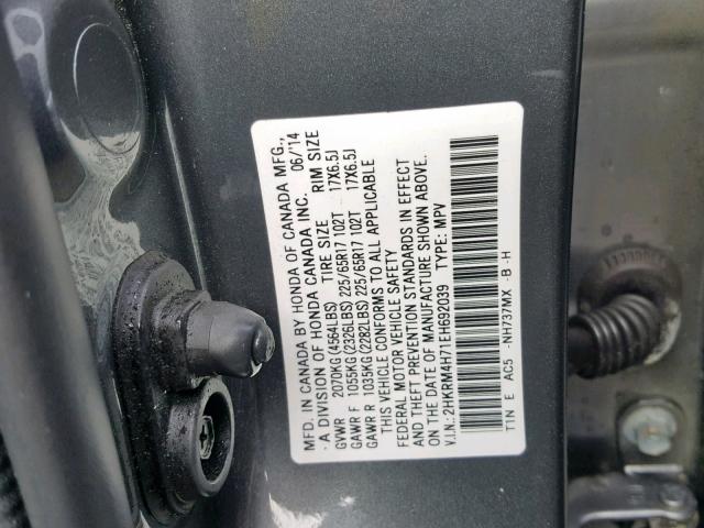 2HKRM4H71EH692039 - 2014 HONDA CR-V EXL GRAY photo 10