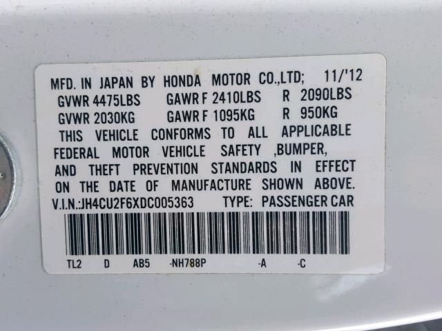 JH4CU2F6XDC005363 - 2013 ACURA TSX TECH WHITE photo 10