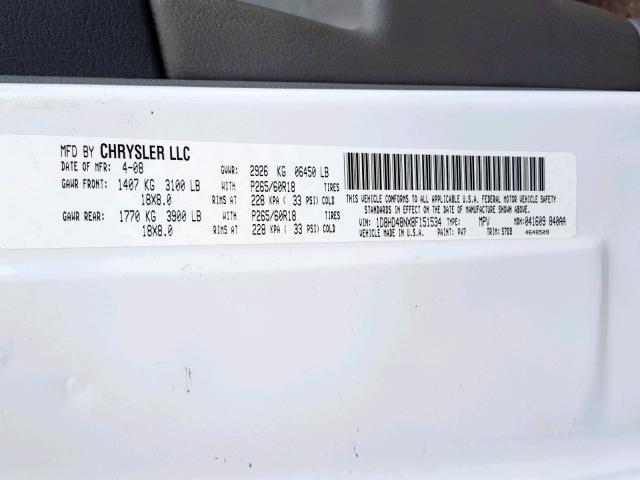 1D8HD48NX8F151534 - 2008 DODGE DURANGO SL WHITE photo 10