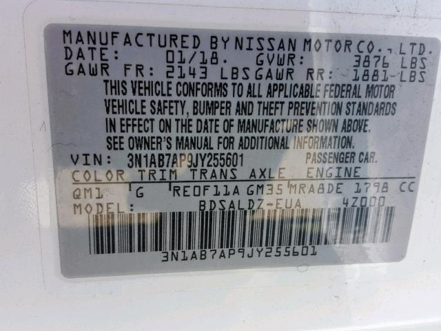 3N1AB7AP9JY255601 - 2018 NISSAN SENTRA S WHITE photo 10