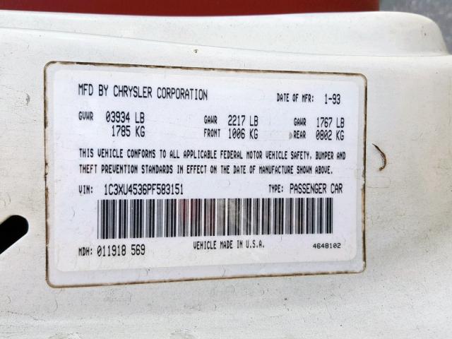 1C3XU4536PF583151 - 1993 CHRYSLER LEBARON 白色 照片 10