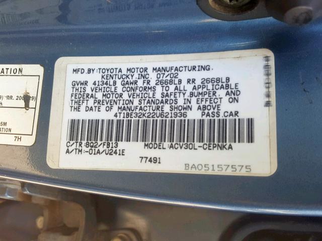 4T1BE32K22U621936 - 2002 TOYOTA CAMRY LE BLUE photo 10