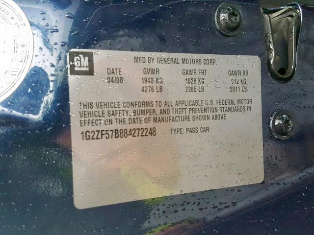 1G2ZF57B884272248 - 2008 PONTIAC G6 VALUE L BLUE photo 10