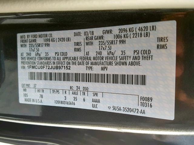 1FMCU0F72JUB97152 - 2018 FORD ESCAPE S GRAY photo 10