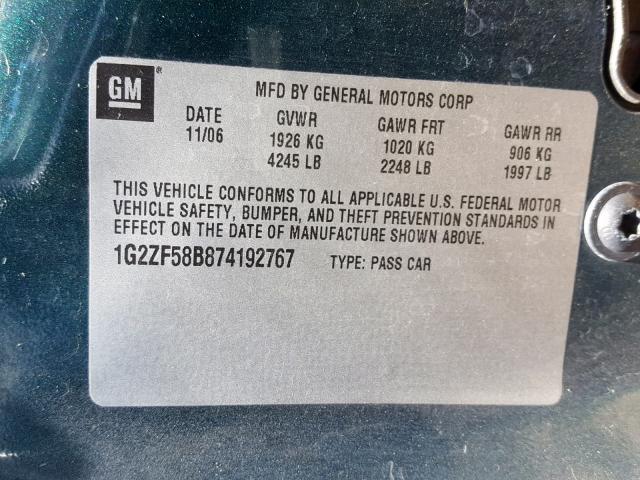 1G2ZF58B874192767 - 2007 PONTIAC G6 VALUE L GREEN photo 10