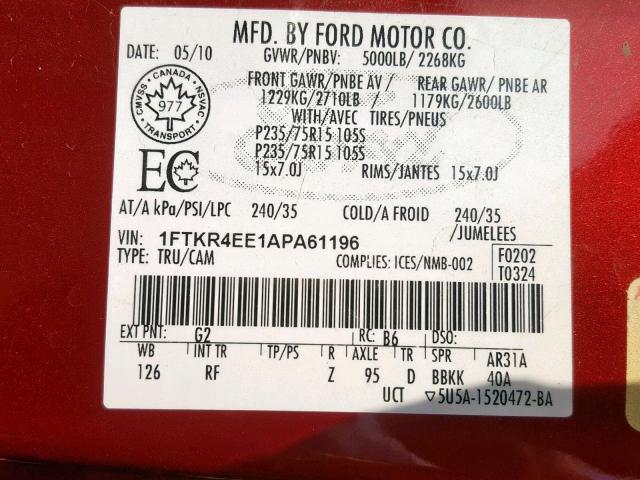 1FTKR4EE1APA61196 - 2010 FORD RANGER SUP RED photo 10