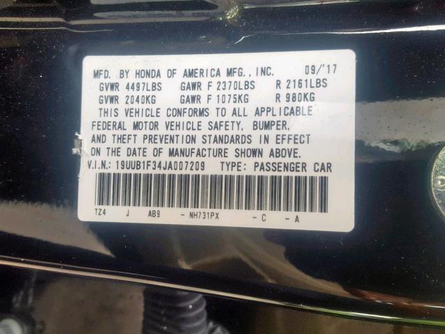 19UUB1F34JA007209 - 2018 ACURA TLX BLACK photo 10