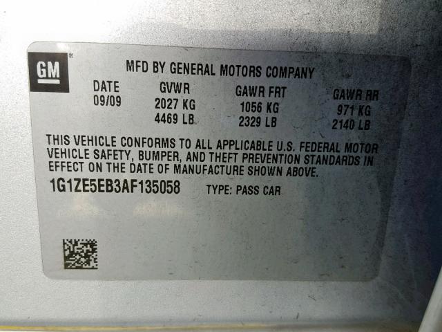 1G1ZE5EB3AF135058 - 2010 CHEVROLET MALIBU LTZ ვერცხლისფერი ფოტო 10