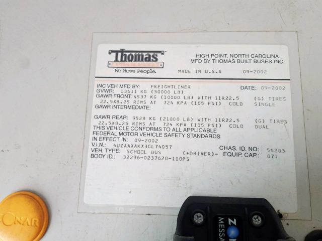 4UZAAXAKX3CL74057 - 2003 FREIGHTLINER CHASSIS FS ყვითელი ფოტო 10