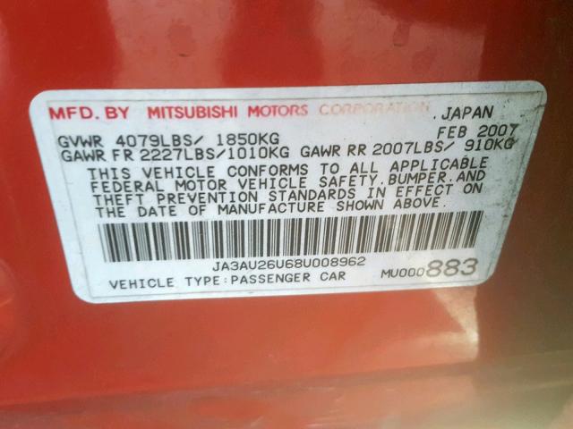 JA3AU26U68U008962 - 2008 MITSUBISHI LANCER ES RED photo 10