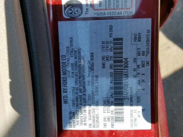 3FAFP08156R178004 - 2006 FORD FUSION SEL RED photo 10