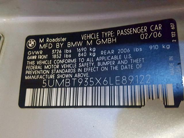 5UMBT935X6LE89122 - 2006 BMW M ROADSTER SILVER photo 10