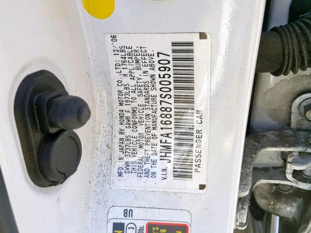 JHMFA16887S005907 - 2007 HONDA CIVIC EX WHITE photo 10
