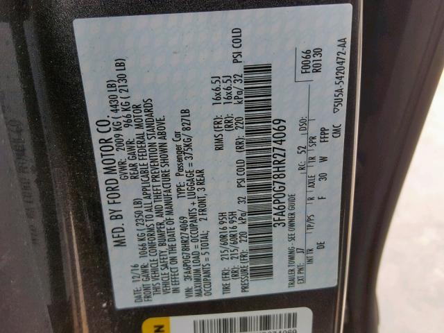 3FA6P0G78HR274069 - 2017 FORD FUSION S CHARCOAL photo 10