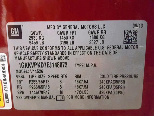 1GKKVPKD7EJ148073 - 2014 GMC ACADIA SLE RED photo 10