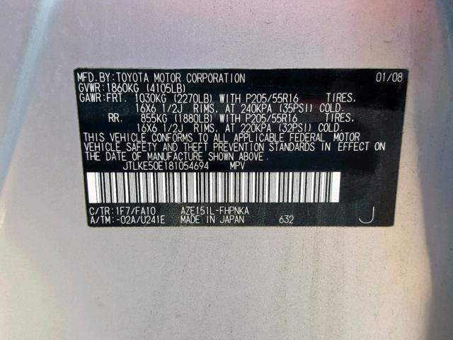 JTLKE50E181054694 - 2008 TOYOTA SCION XB 银色 照片 10