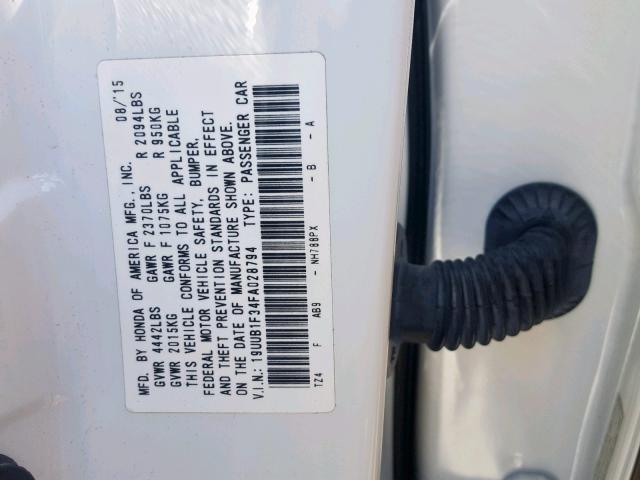 19UUB1F34FA028794 - 2015 ACURA TLX WHITE photo 10