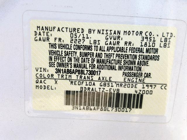 3N1AB6AP8BL730017 - 2011 NISSAN SENTRA 2.0 WHITE photo 10