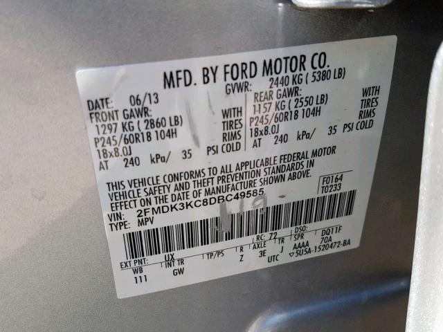 2FMDK3KC8DBC49585 - 2013 FORD EDGE LIMIT SILVER photo 10