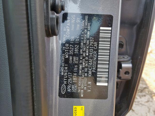 KMHCT4AE1HU317937 - 2017 HYUNDAI ACCENT SE GRAY photo 10