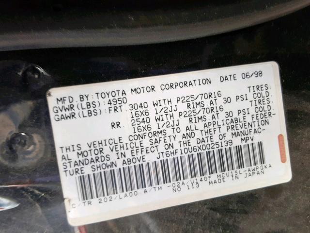 JT6HF10U6X0025139 - 1999 LEXUS RX 300 BLACK photo 10