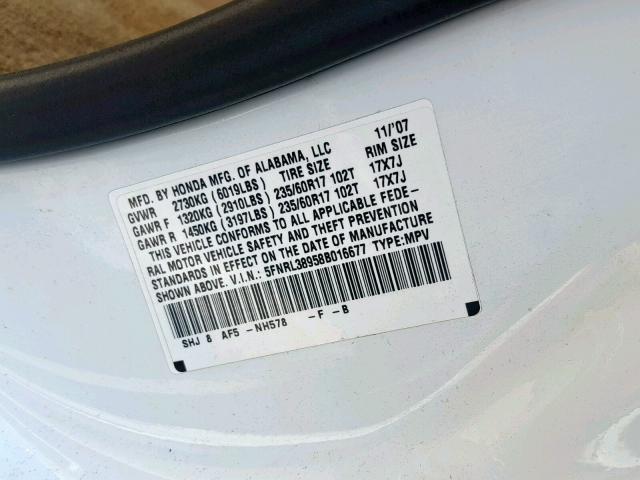 5FNRL38958B016677 - 2008 HONDA ODYSSEY TO WHITE photo 10