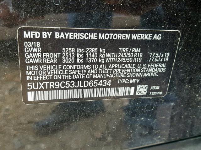 5UXTR9C53JLD65434 - 2018 BMW X3 XDRIVE3 BLACK photo 10