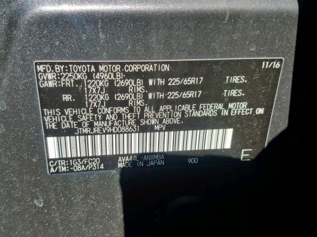 JTMRJREV9HD088631 - 2017 TOYOTA RAV4 HV LE GRAY photo 10