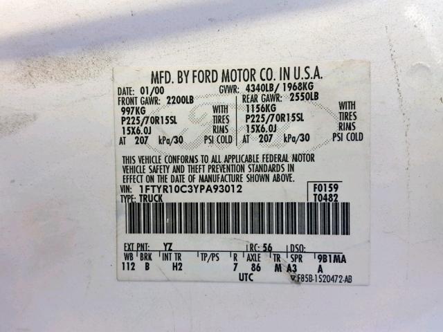 1FTYR10C3YPA93012 - 2000 FORD RANGER WHITE photo 10