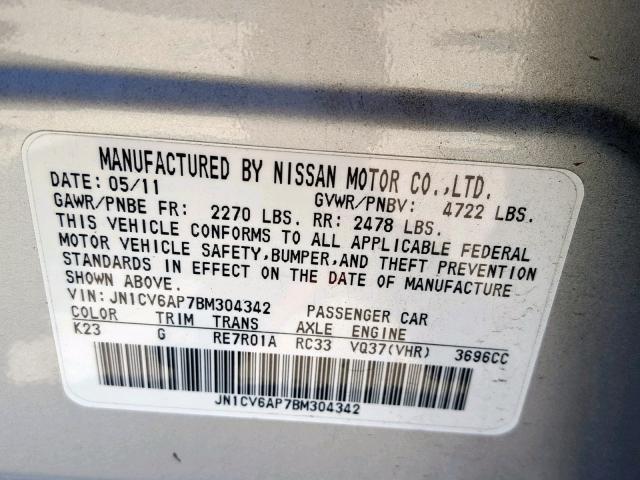 JN1CV6AP7BM304342 - 2011 INFINITI G37 BASE SILVER photo 10