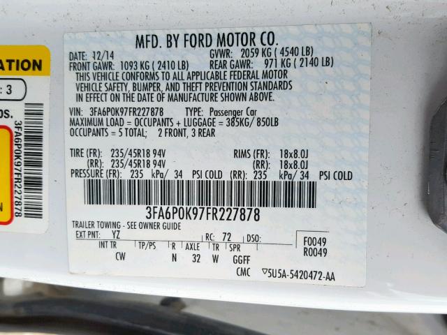 3FA6P0K97FR227878 - 2015 FORD FUSION TIT WHITE photo 10