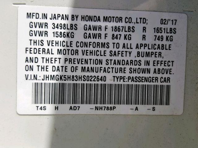 JHMGK5H83HS022640 - 2017 HONDA FIT EX WHITE photo 10