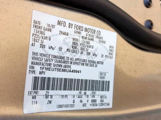 1FMEU75E88UA49941 - 2008 FORD EXPLORER L SILVER photo 10