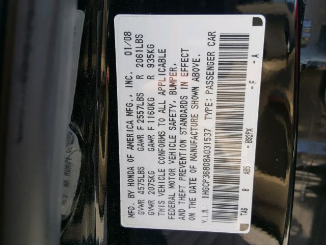 1HGCP36808A031537 - 2008 HONDA ACCORD EXL BLACK photo 10