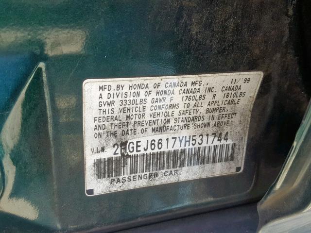 2HGEJ6617YH531744 - 2000 HONDA CIVIC BASE GREEN photo 10