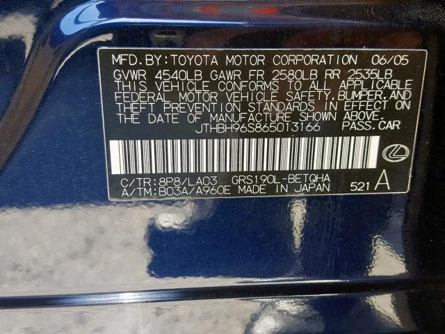 JTHBH96S865013166 - 2006 LEXUS GS 300 BLUE photo 10