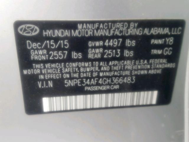 5NPE34AF4GH366483 - 2016 HYUNDAI SONATA SPO SILVER photo 10