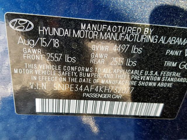 5NPE34AF4KH732077 - 2019 HYUNDAI SONATA LIM BLUE photo 10