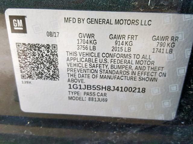 1G1JB5SH8J4100218 - 2018 CHEVROLET SONIC LS 灰色 照片 10